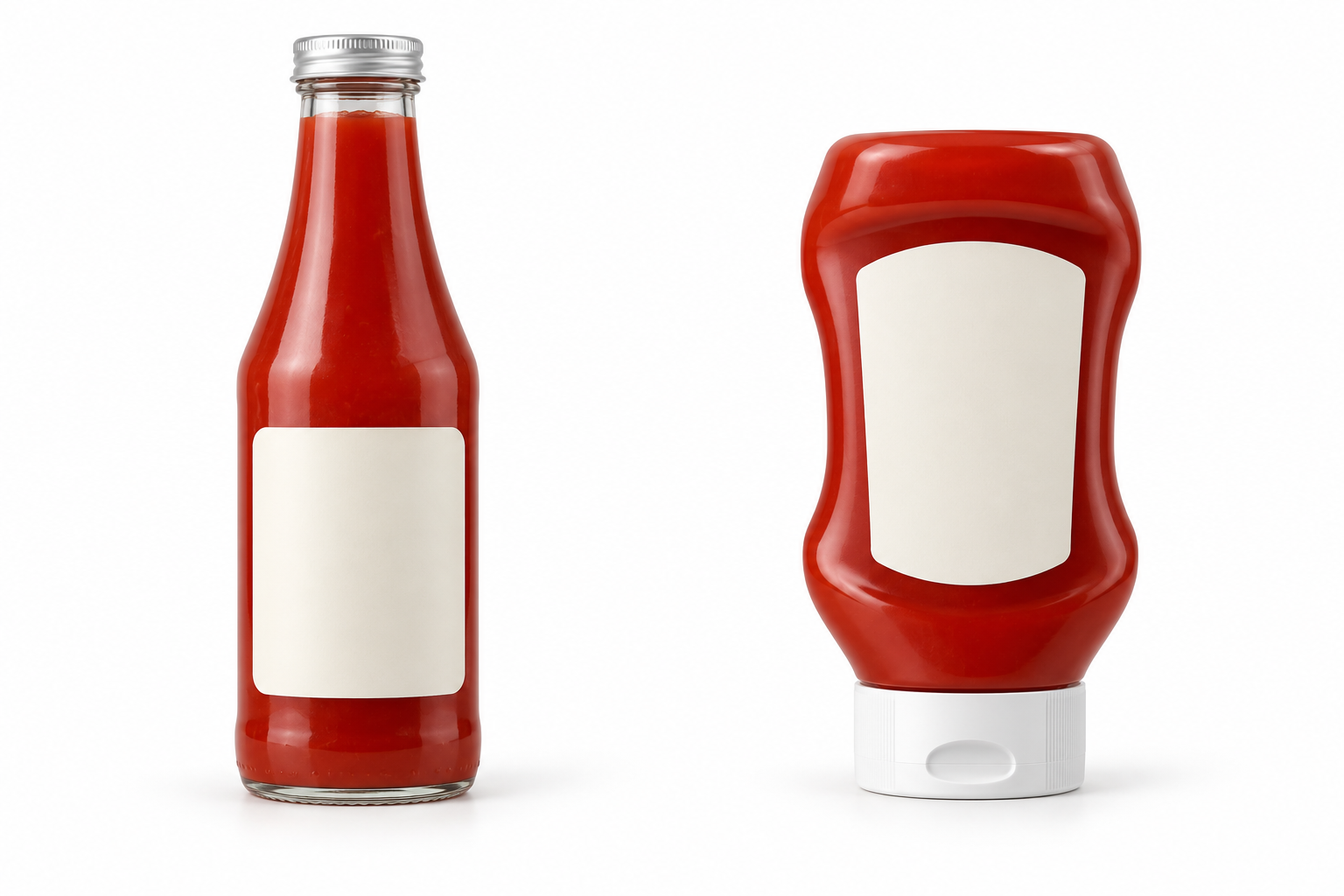 An upright classic glass ketchup bottle beside a plastic squeeze bottle resting cap down.